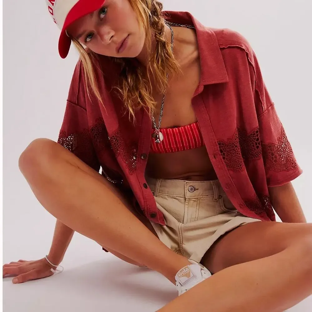 Free People We The Free Luca Tee Rust Crochet Lace Oversized Top Sz S